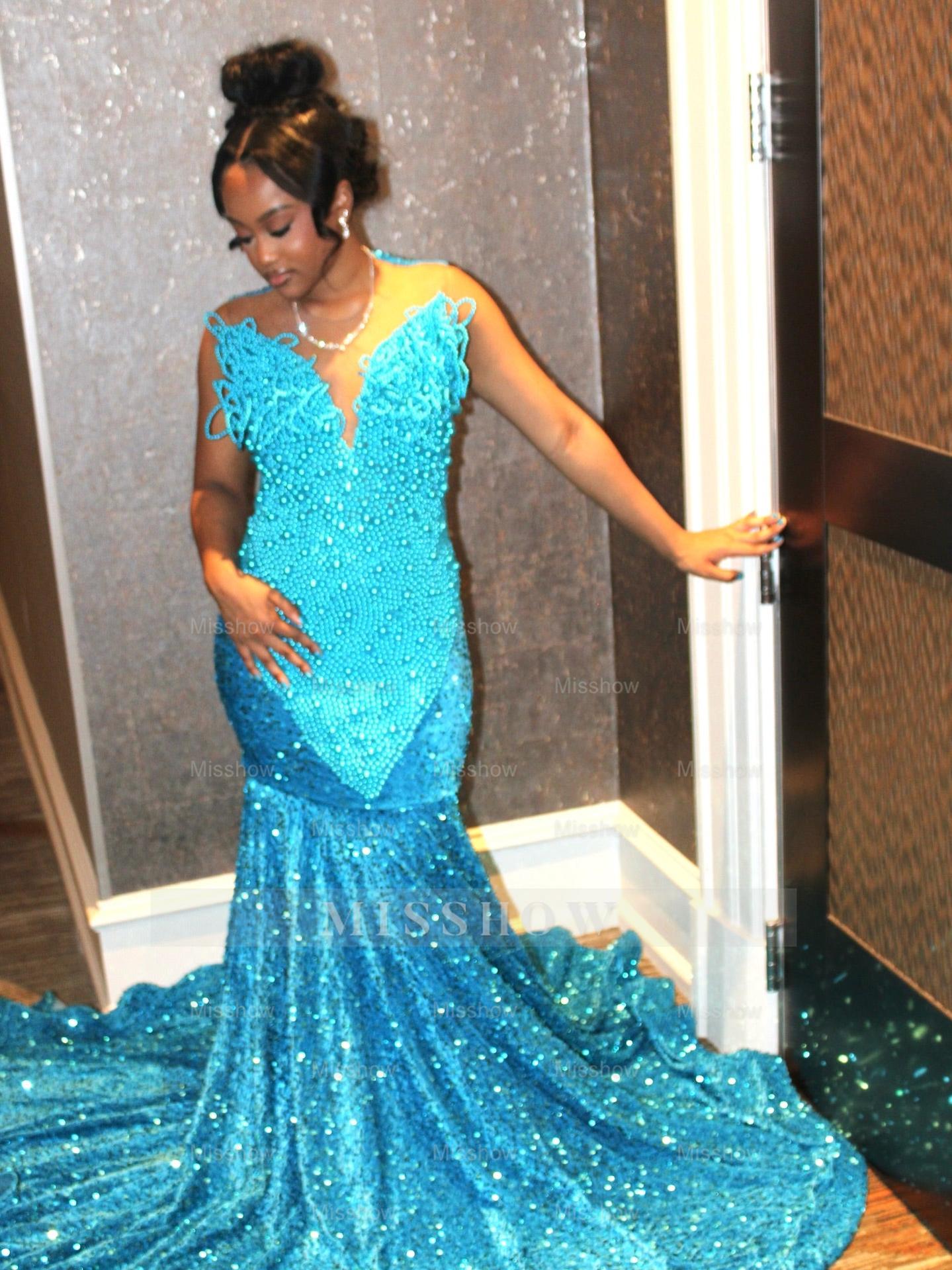 Pool Blue Pearl Beaded Mermaid Prom Dress Deep V Neck 3D Sculptural Beading Sequin Skirt Evening Gown with Sweep Train