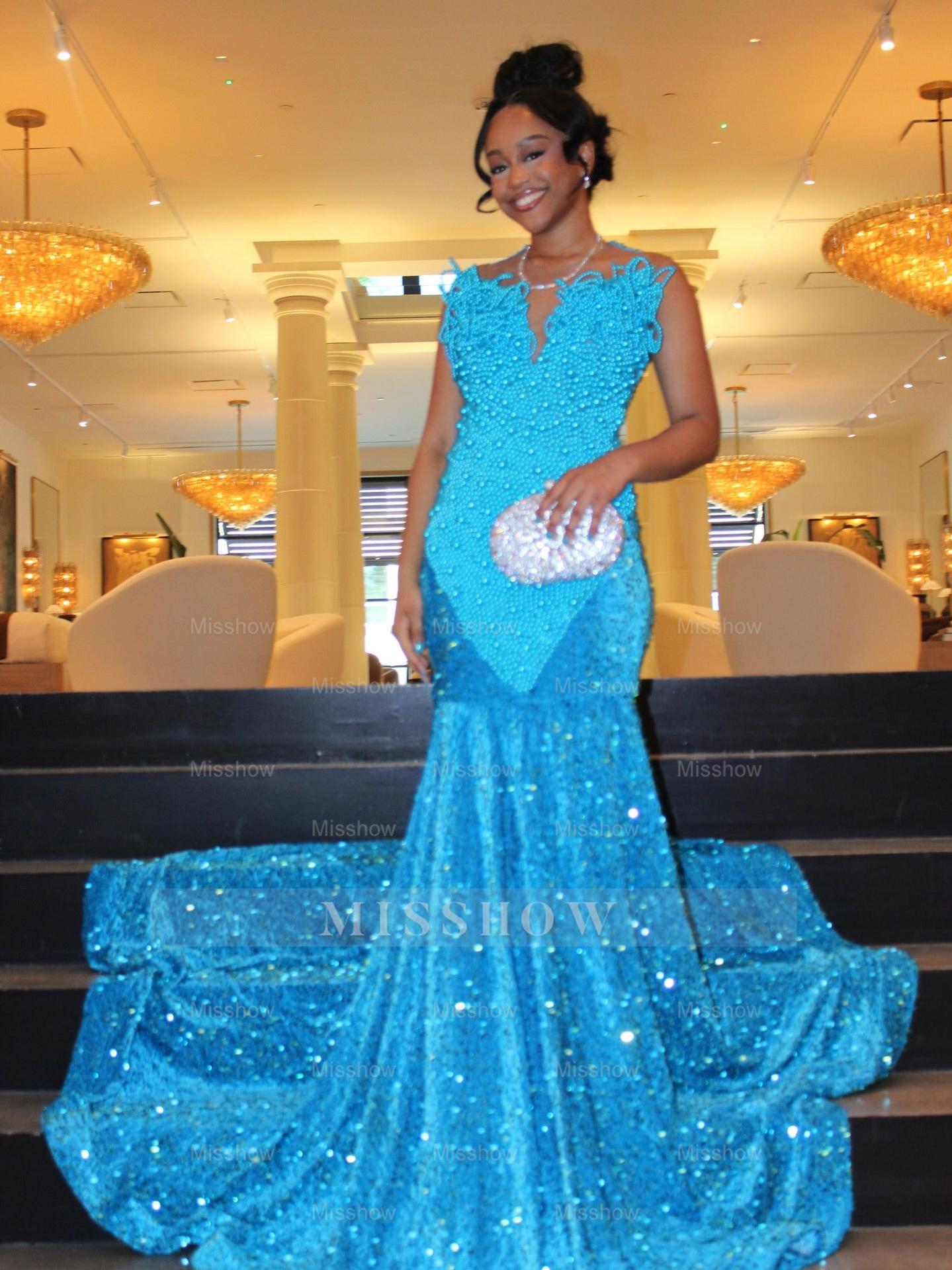 Pool Blue Pearl Beaded Mermaid Prom Dress Deep V Neck 3D Sculptural Beading Sequin Skirt Evening Gown with Sweep Train