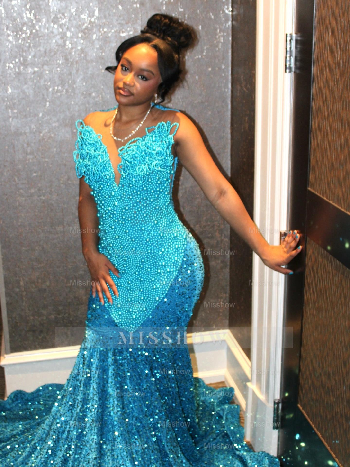 Pool Blue Pearl Beaded Mermaid Prom Dress Deep V Neck 3D Sculptural Beading Sequin Skirt Evening Gown with Sweep Train