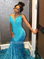 Pool Blue Pearl Beaded Mermaid Prom Dress Deep V Neck 3D Sculptural Beading Sequin Skirt Evening Gown with Sweep Train