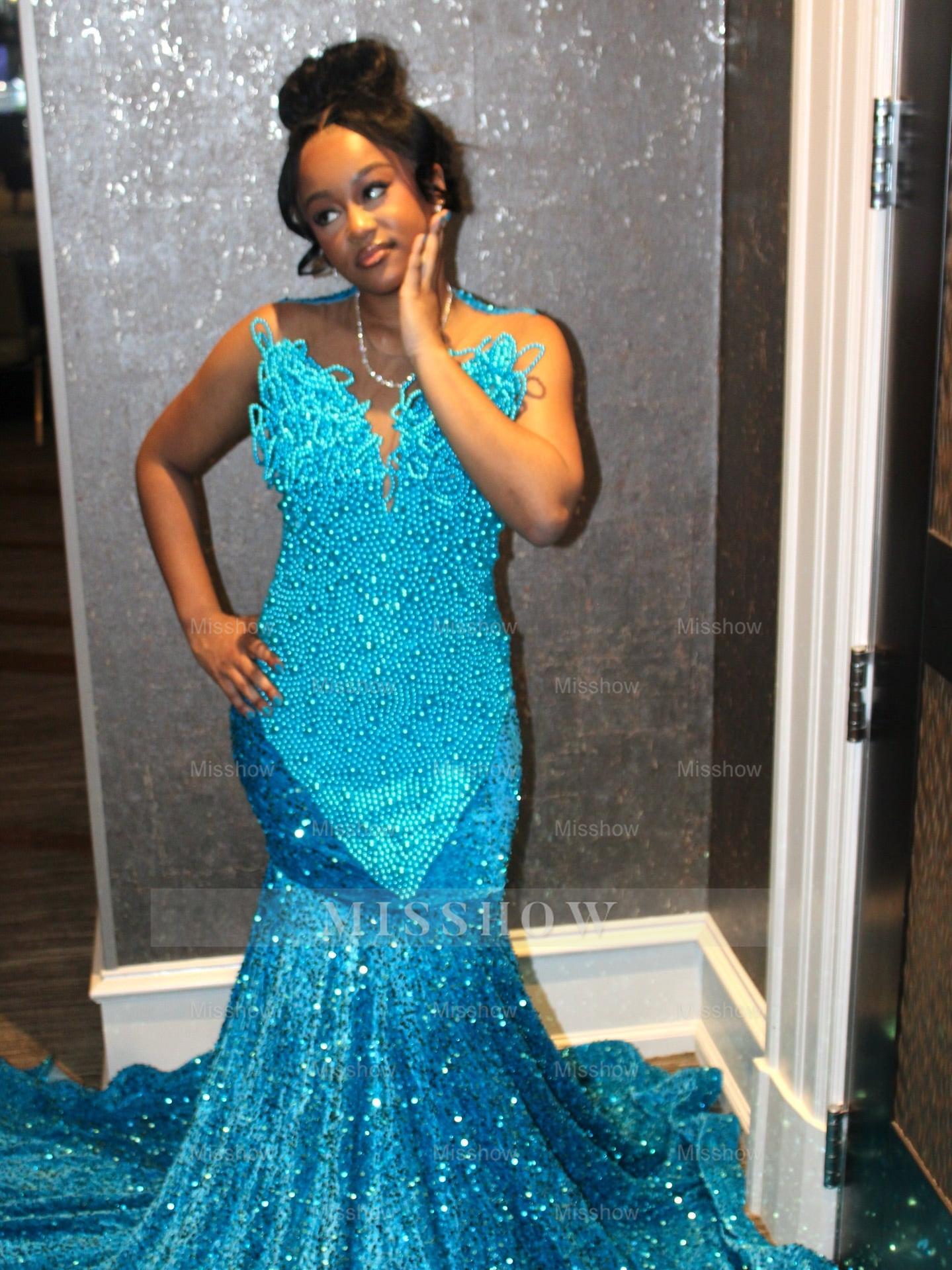 Pool Blue Pearl Beaded Mermaid Prom Dress Deep V Neck 3D Sculptural Beading Sequin Skirt Evening Gown with Sweep Train