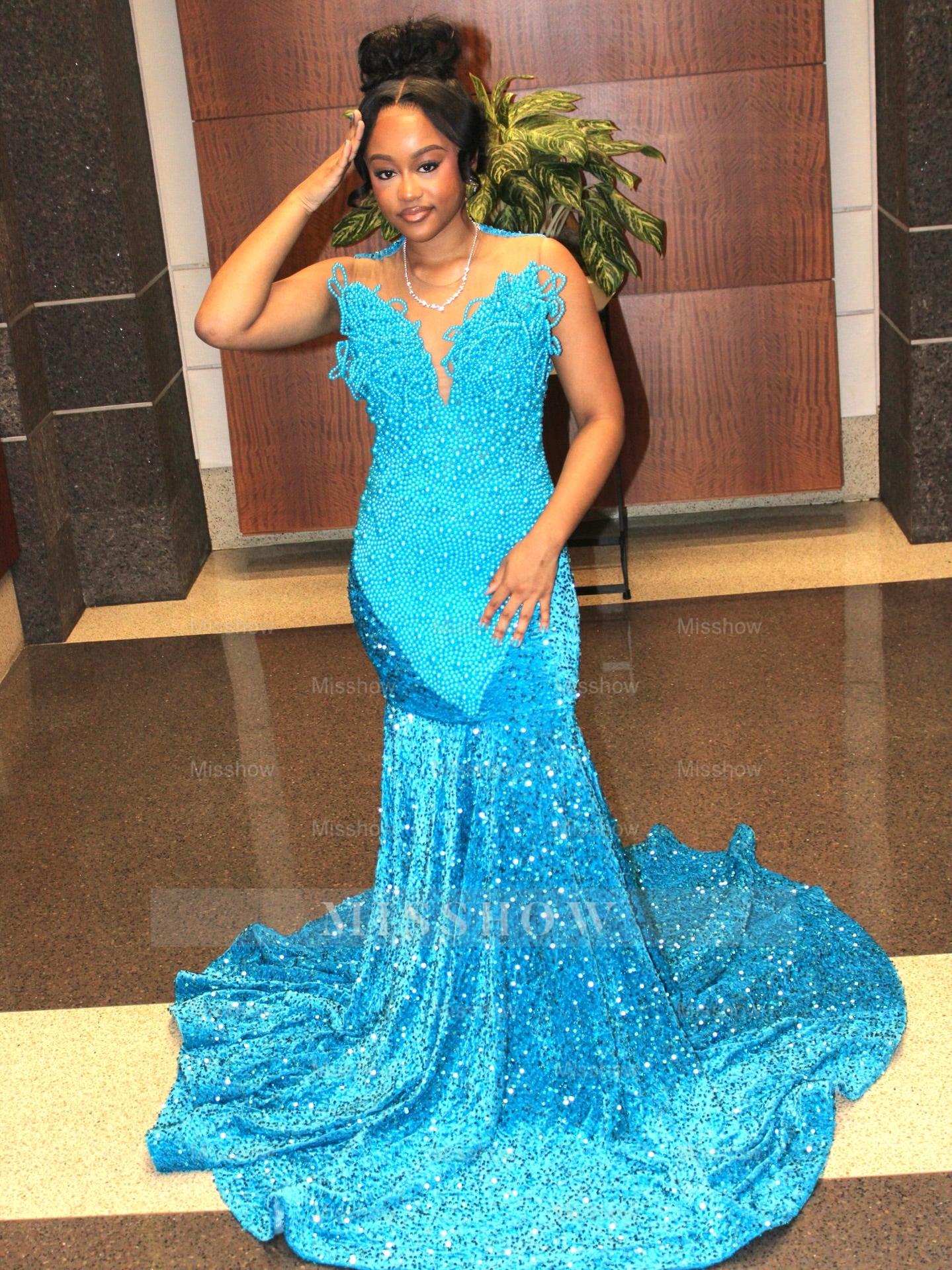 Pool Blue Pearl Beaded Mermaid Prom Dress Deep V Neck 3D Sculptural Beading Sequin Skirt Evening Gown with Sweep Train