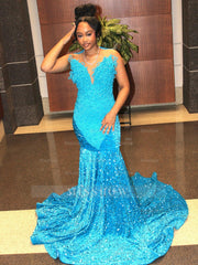 Pool Blue Pearl Beaded Mermaid Prom Dress Deep V Neck 3D Sculptural Beading Sequin Skirt Evening Gown with Sweep Train