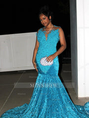 Pool Blue Pearl Beaded Mermaid Prom Dress Deep V Neck 3D Sculptural Beading Sequin Skirt Evening Gown with Sweep Train
