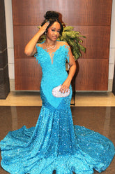 Pool Blue Pearl Beaded Mermaid Prom Dress Deep V Neck 3D Sculptural Beading Sequin Skirt Evening Gown with Sweep Train