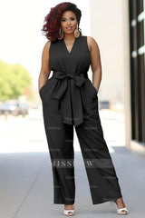 Pool Blue V-Neck Sleeveless Jump Suit With Bow Belt