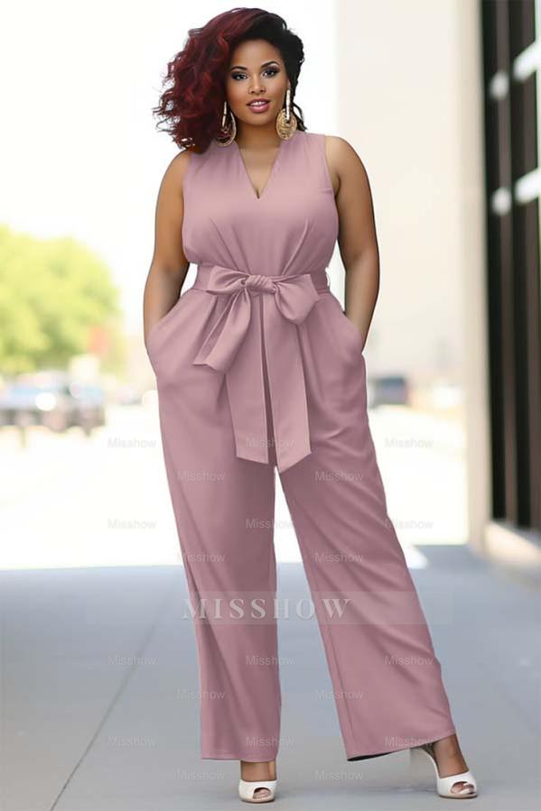 Pool Blue V-Neck Sleeveless Jump Suit With Bow Belt