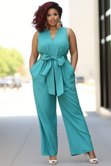 Pool Blue V-Neck Sleeveless Jump Suit With Bow Belt