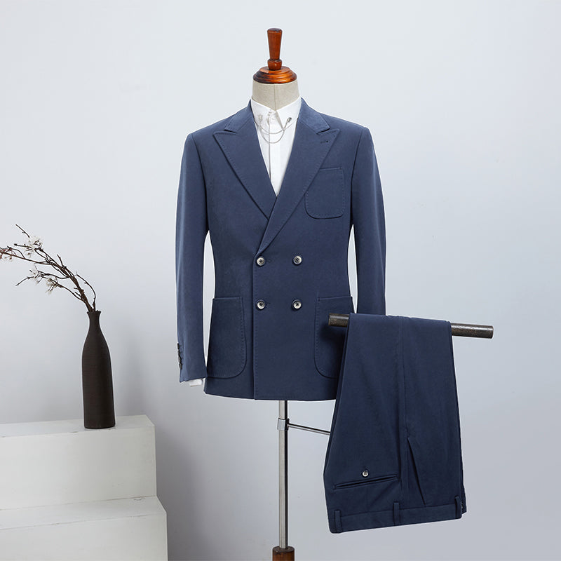 Popular Blue Peak Lapel Double Breasted Men’s Business Suit