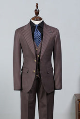 Popular Brown Striped Peak Lapel Slim Fit Business Suit