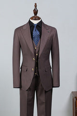 Popular Brown Striped Peak Lapel Slim Fit Business Suit