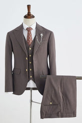 Popular Coffee Striped Peak Lapel Two Button Men’s Business Suit