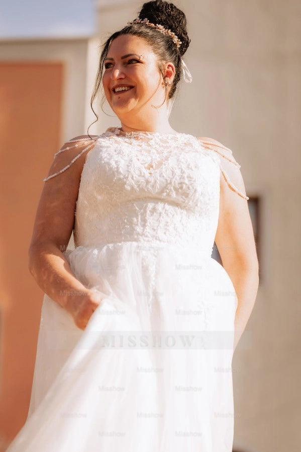 Popular Ivory Crew Neck Sleeveless A-Line Wedding Dress with Appliques and Beadings