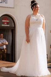 Popular Ivory Crew Neck Sleeveless A-Line Wedding Dress with Appliques and Beadings