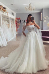 Popular Ivory Strapless A-line Wedding Dress with Appliques and Detachable Coat