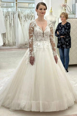 Popular Ivory V-Neck Long Sleeves A-line Wedding Dress with Appliques and Chapel Train