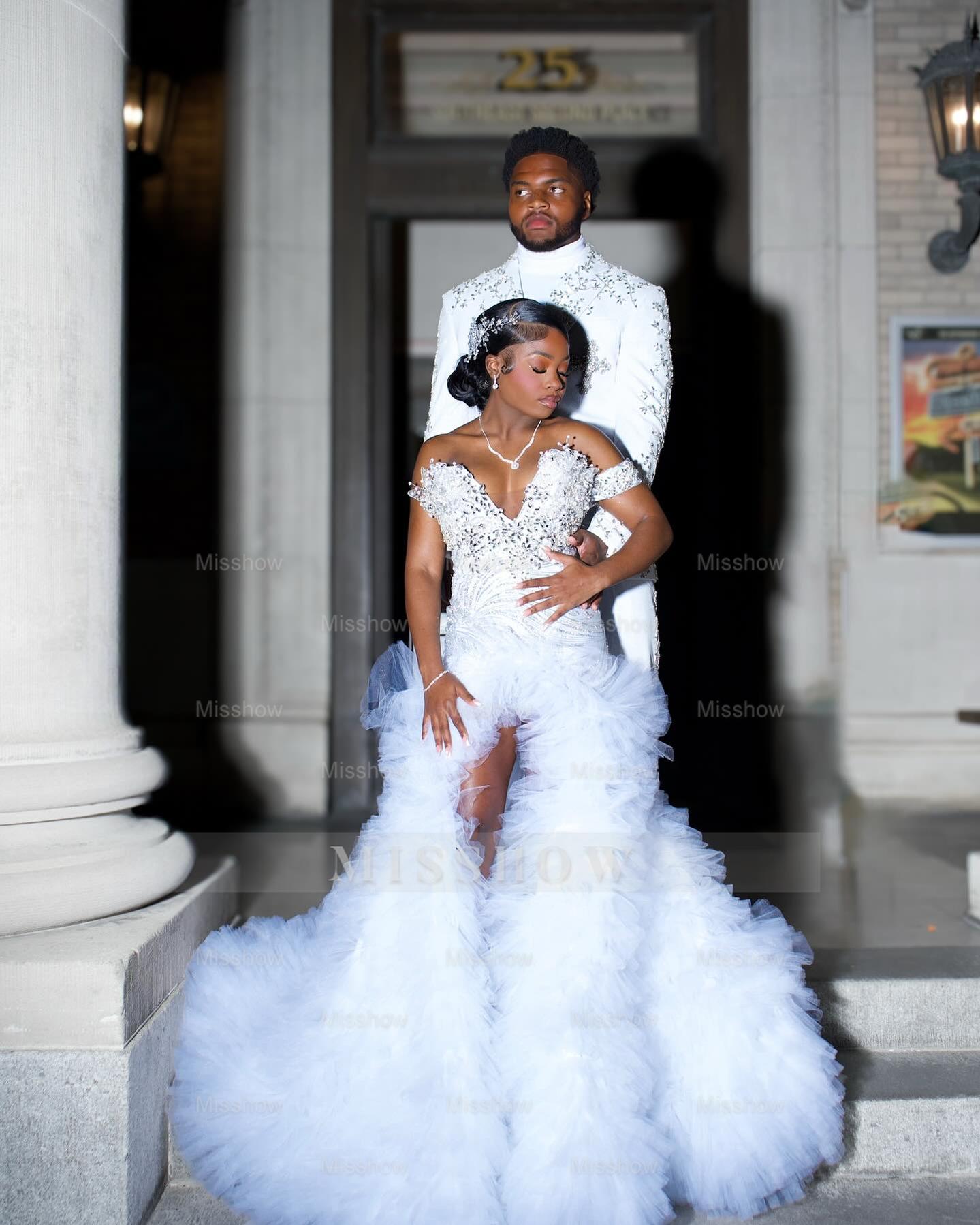 Popular Long White One Shoulder Sleeveless Mermaid Prom Dress with Ruffles and Slit