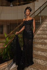 Black strapless beaded mermaid prom dress
