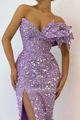 Pretty Lilac Sequins Off the Shoulder Mermaid Formal Dress With Split