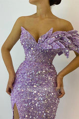 Pretty Lilac Sequins Off the Shoulder Mermaid Formal Dress With Split