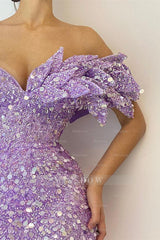 Pretty Lilac Sequins Off the Shoulder Mermaid Formal Dress With Split