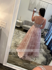 Pretty Long Pink A-line Beaded Floral Sleeveless Prom Dress with Rhinestones