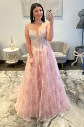 Pretty Long Pink A-line Beaded Floral Sleeveless Prom Dress with Rhinestones