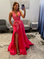 Pretty Long Pink A-line Halter V-neck Glitter Prom Dress with Slit and Bow