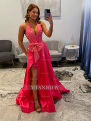 Pretty Long Pink A-line Halter V-neck Glitter Prom Dress with Slit and Bow