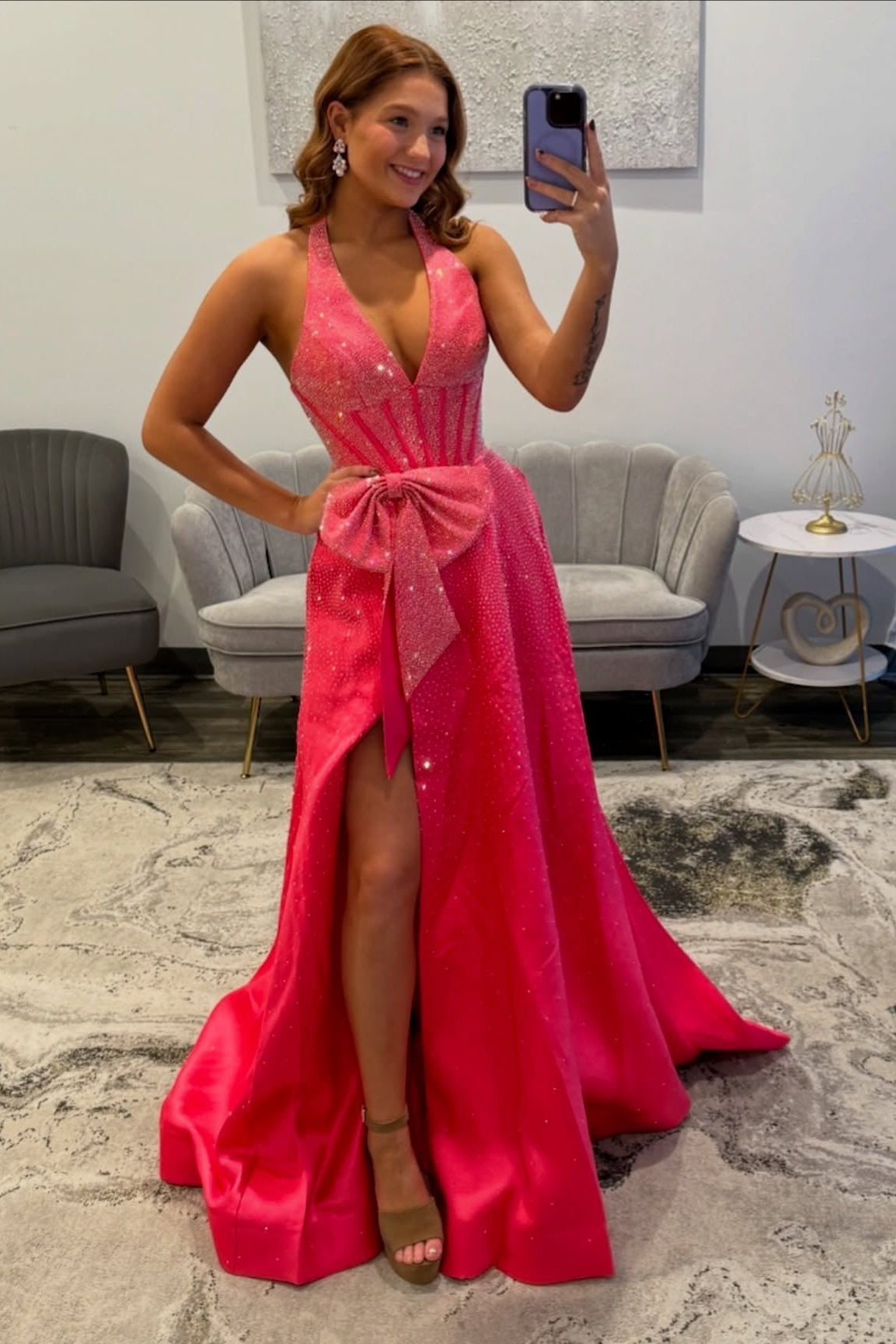 Pretty Long Pink A-line Halter V-neck Glitter Prom Dress with Slit and Bow