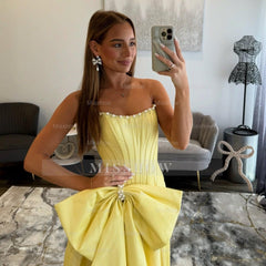 Pretty Long Yellow A-line Strapless Prom Dress with Slit and Bow