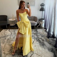 Pretty Long Yellow A-line Strapless Prom Dress with Slit and Bow