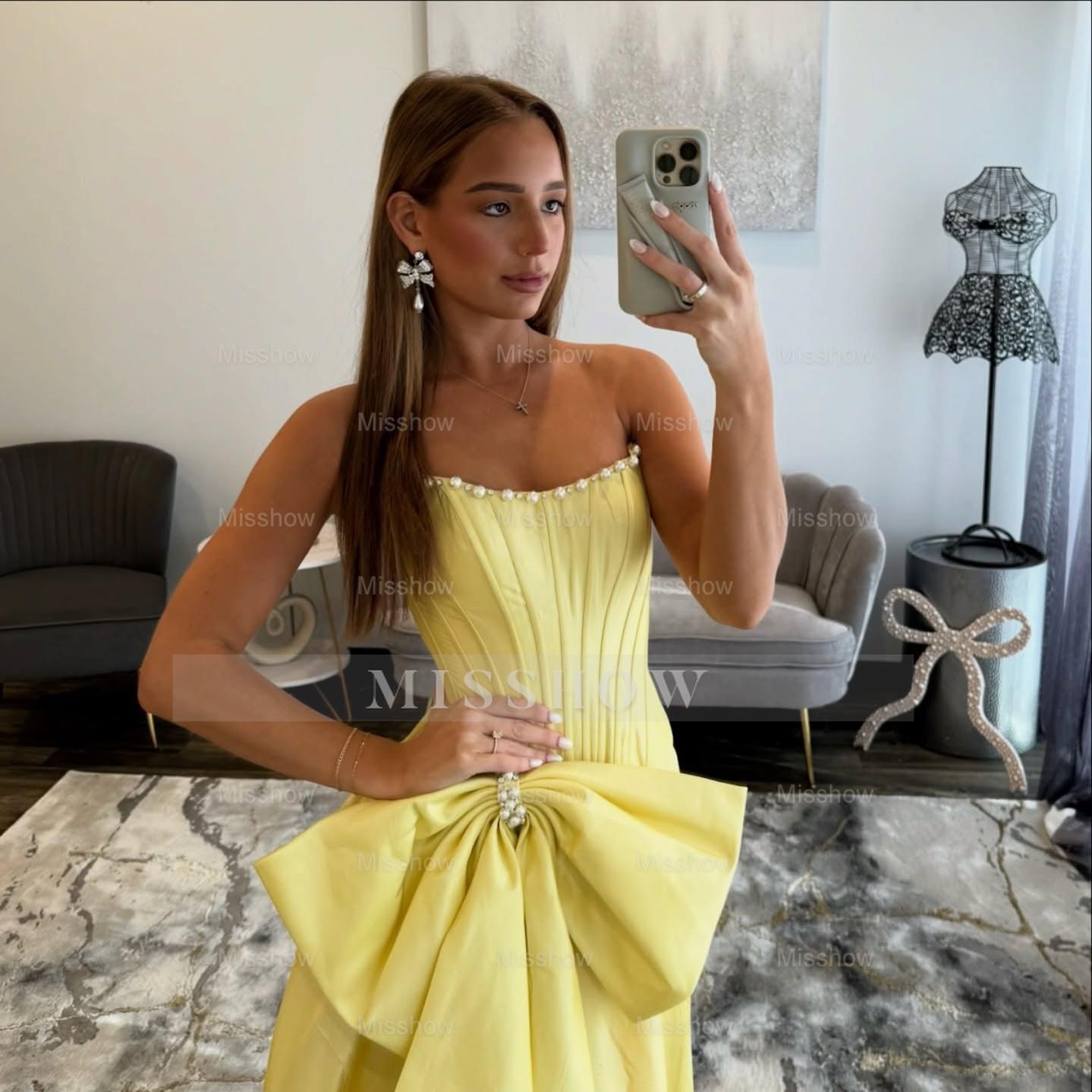 Pretty Long Yellow A-line Strapless Prom Dress with Slit and Bow