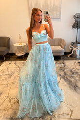 Light blue sweetheart applique A-line prom dress