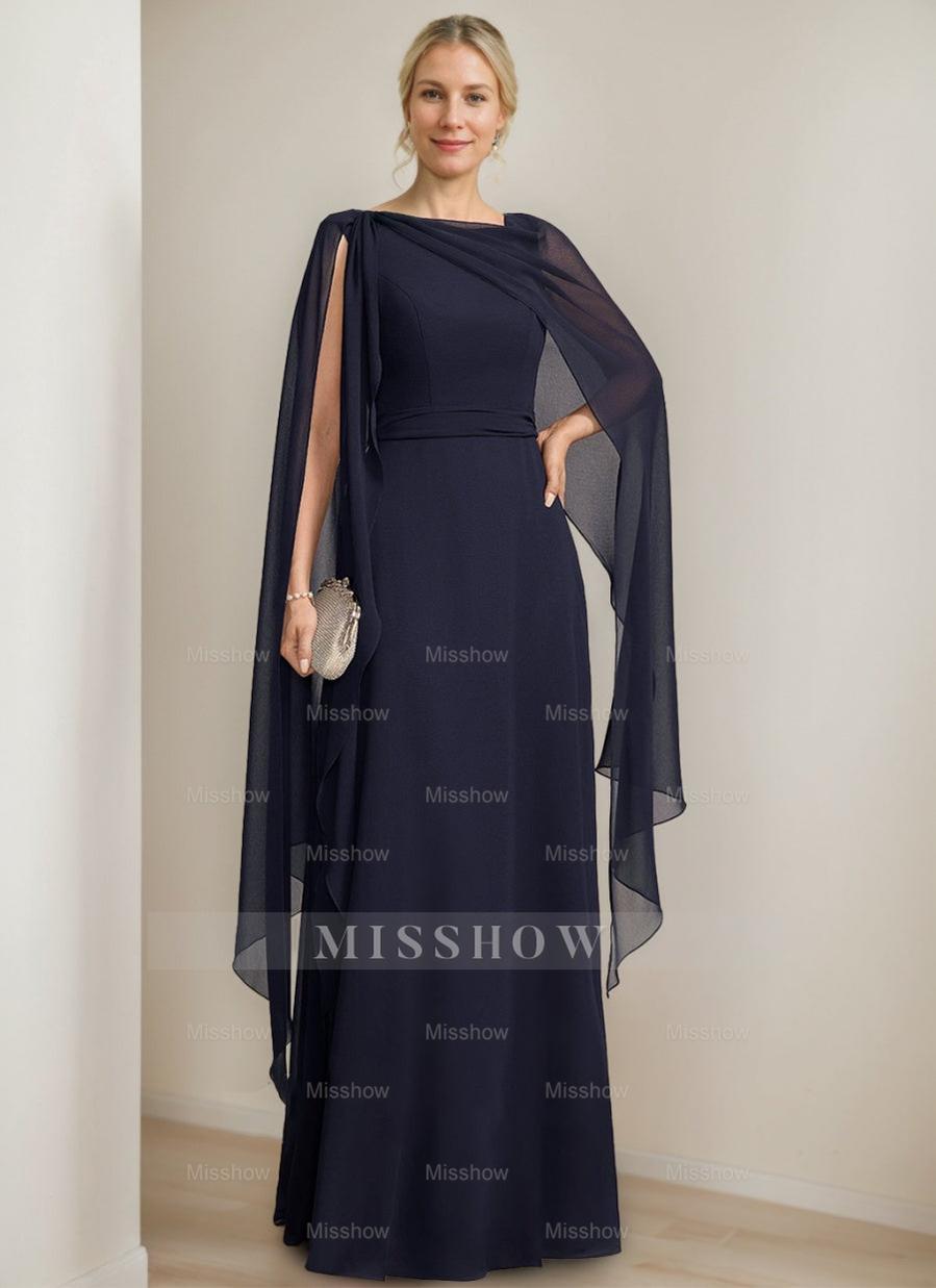 Princess A-Line Floor-Length Mother of the Bride Dress with Cape Sleeves Bow and Ruffles