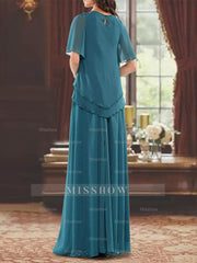 Princess A-Line Floor-Length Mother of the Bride Dress with Jewel Neck Short Sleeves Pleats & Beading