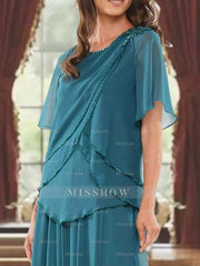 Princess A-Line Floor-Length Mother of the Bride Dress with Jewel Neck Short Sleeves Pleats & Beading