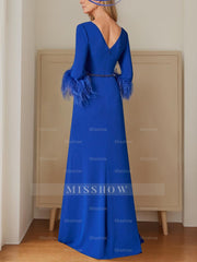 Princess A-Line Floor-Length Mother of the Bride Dress with Plunging Neckline and 3/4 Sleeves