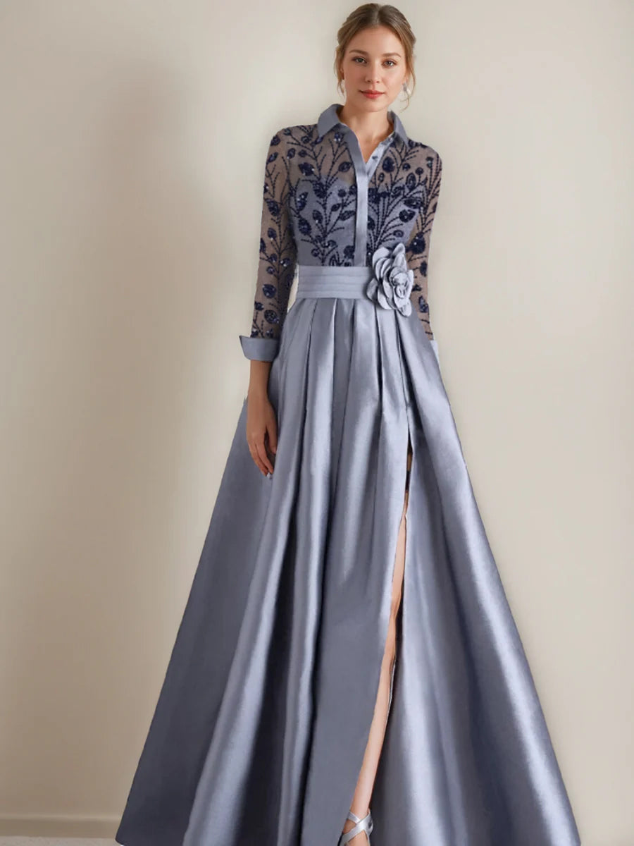 Princess A-Line Floor-Length Mother of the Bride Dresses with Shirt Collar Long Sleeves Appliques & Flower Belt