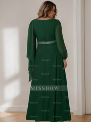 Princess A-Line Floor-Length Plus Size Mother of the Bride Gown with Scoop Neck and Long Sequined Sleeves