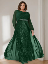 Princess A-Line Floor-Length Plus Size Mother of the Bride Gown with Scoop Neck and Long Sequined Sleeves