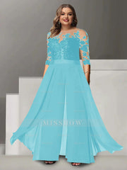 Princess A-Line Floor-Length Plus Size Mother of the Bride Pantsuit with Applique and 3/4 Sleeves Jewel Neck