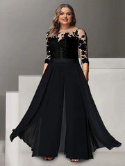 Princess A-Line Floor-Length Plus Size Mother of the Bride Pantsuit with Applique and 3/4 Sleeves Jewel Neck