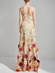 Princess A-Line Floor-Length Stylish Evening Dresses with Printed Flower Spaghetti Straps and Sleeveless