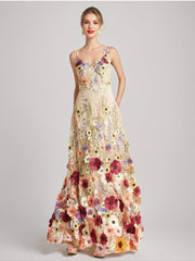 Princess A-Line Floor-Length Stylish Evening Dresses with Printed Flower Spaghetti Straps and Sleeveless