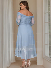 Princess A-Line Off-the-Shoulder Asymmetrical Plus Size Mother of the Bride Gown with 3/4 Sleeves and Sequins