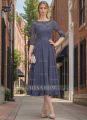 Princess A-Line Scoop Neck Tea-Length Mother of the Bride Dress with Lace and Appliques