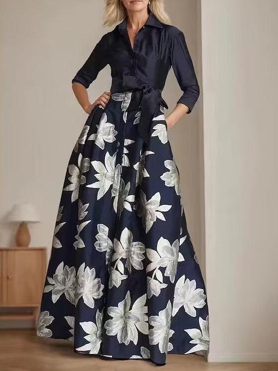 Princess A-Line Shirt Collar Floor-Length Dress with 3/4 Sleeves and Floral Print
