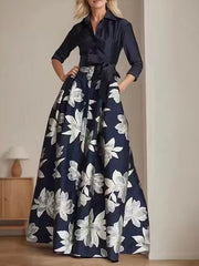 Princess A-Line Shirt Collar Floor-Length Dress with 3/4 Sleeves and Floral Print