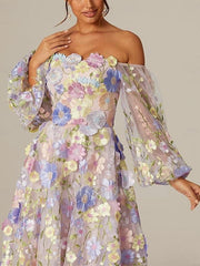 Princess A-Line Tea-Length Mother of the Bride Dress with Square Neck and Long Sleeves Featuring Appliques